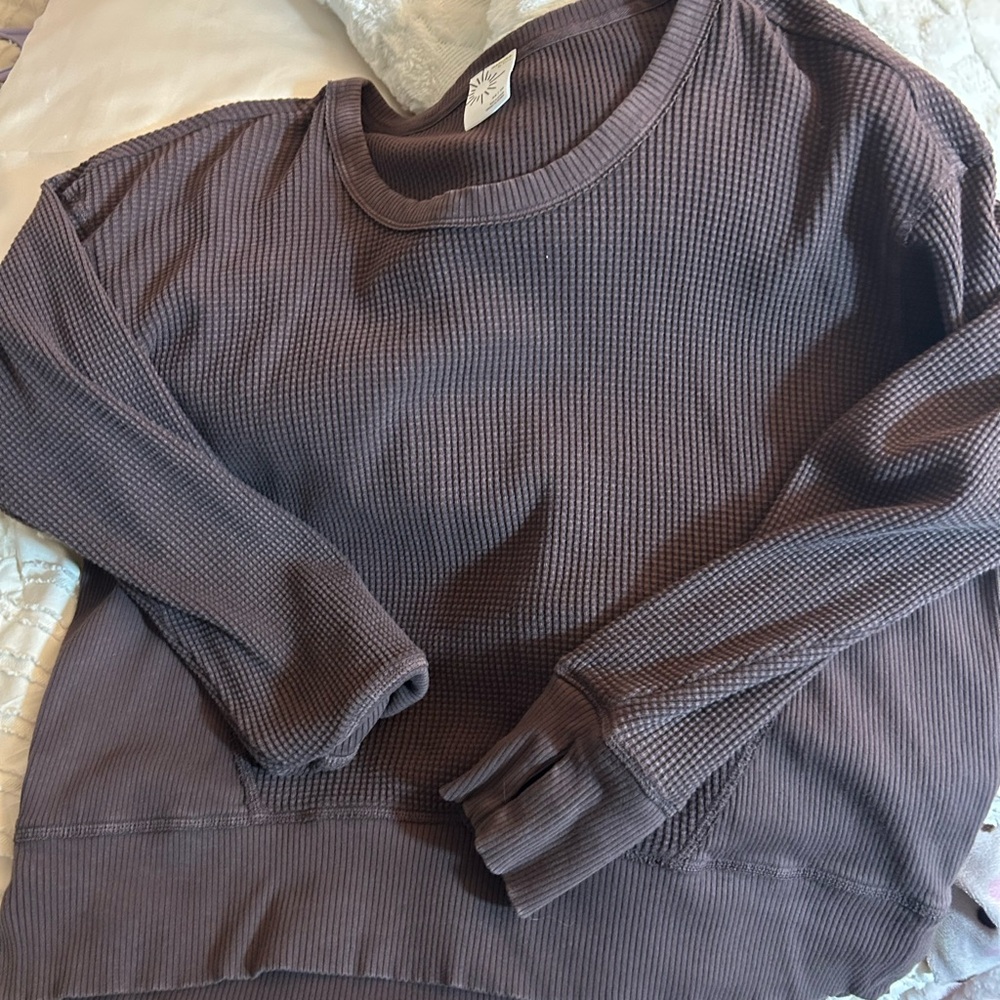 Aerie Waffle Knit Sweatshirt in Dark Brown